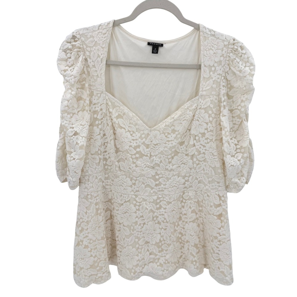 Torrid Cream Floral Lace Puff Sleeve Peplum Top Plus Size 2 Square Neck